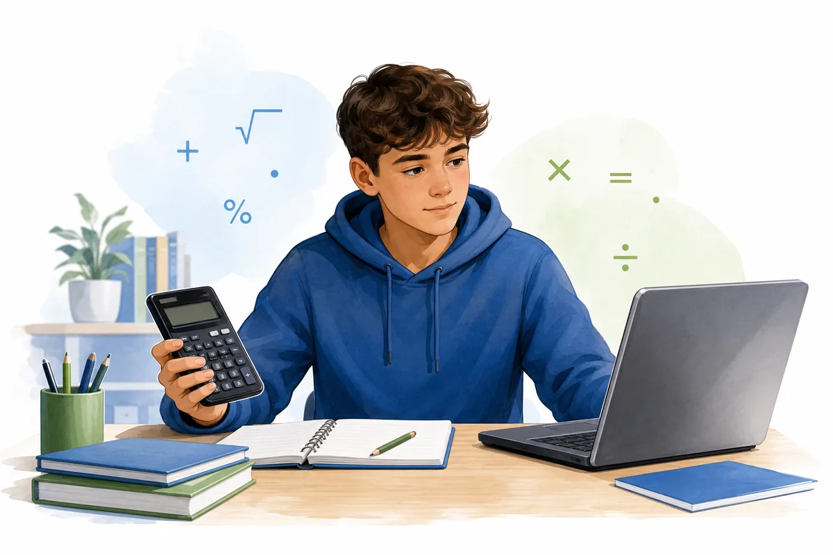 Leerling die een mobiele cijfer-app vergelijkt met een browsercalculator